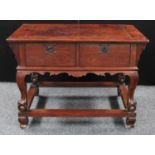 A substantial Chinese hardwood centre table, rectangular panel top above a pair of deep drawers,