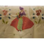 Textiles - hand embroidered linen tablecloths including English country garden flowers;