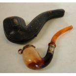An Austrian silver-gilt and amber mounted meerschaum pipe, hinged cover, 17cm long, c.