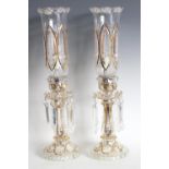 A pair early 20th Century lustres and shades, clear glass, white enamel and gilt decoration,