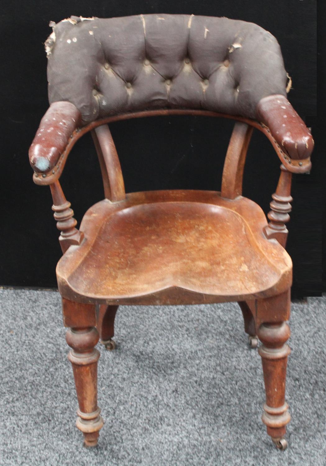 A Victorian club/tub type desk chair, curved button back, saddle seat, turned forelegs, - Image 3 of 5