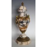 A French gilt metal mounted Breccia marble ovoid mantel urn, pine cone finial,
