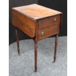 A George III work table, rectangular top with fall leaves above a pair of frieze drawers,