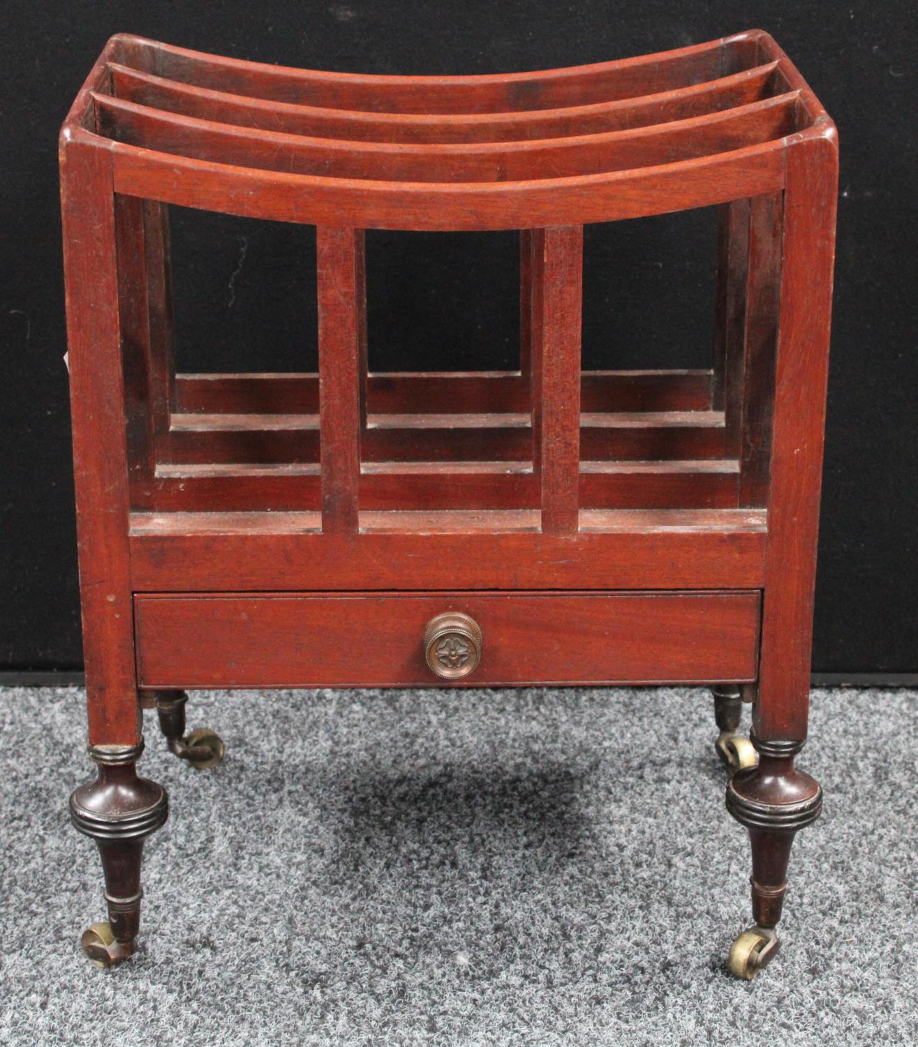 A George III mahogany Canterbury, of small proportions, three divisions, apron drawer, casters, - Image 2 of 6