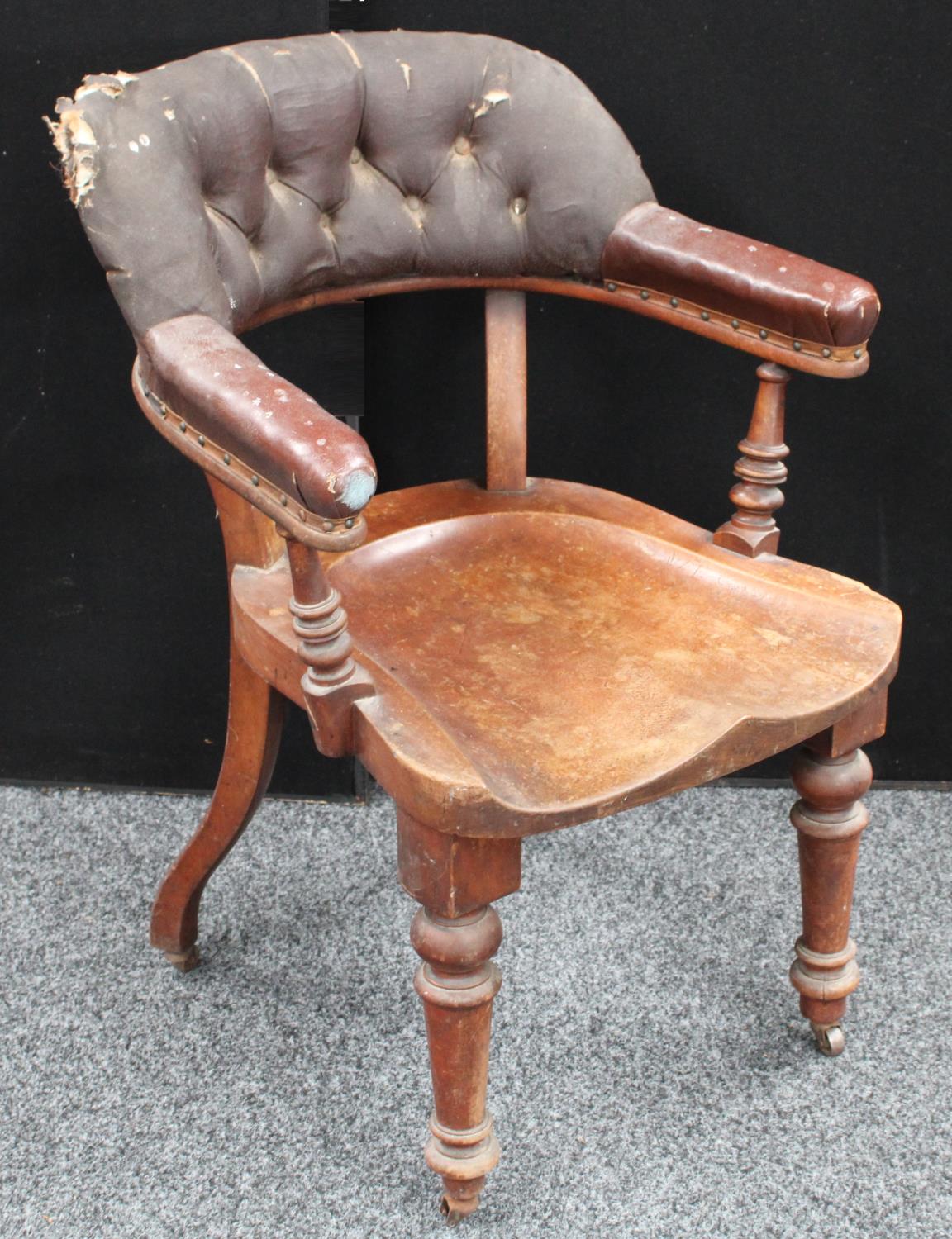 A Victorian club/tub type desk chair, curved button back, saddle seat, turned forelegs, - Image 2 of 5