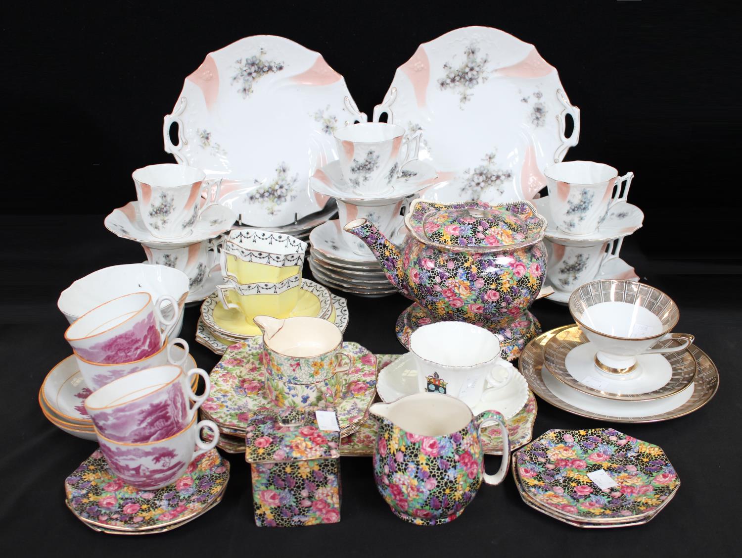 Ceramics - a set of three Georgian bute shaped cups and saucers; Royal Winton teaware,
