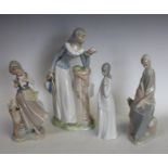 A Lladro figure, girl with doves; others including Nao,