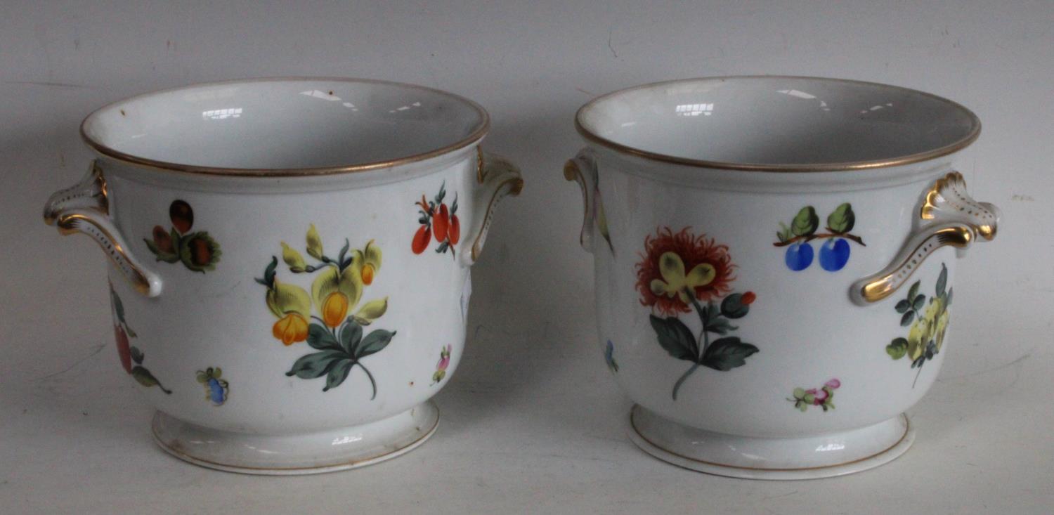 A pair Herend porcelain jardinieres, printed decoration, fruit, flowers, fungi etc on white ground,