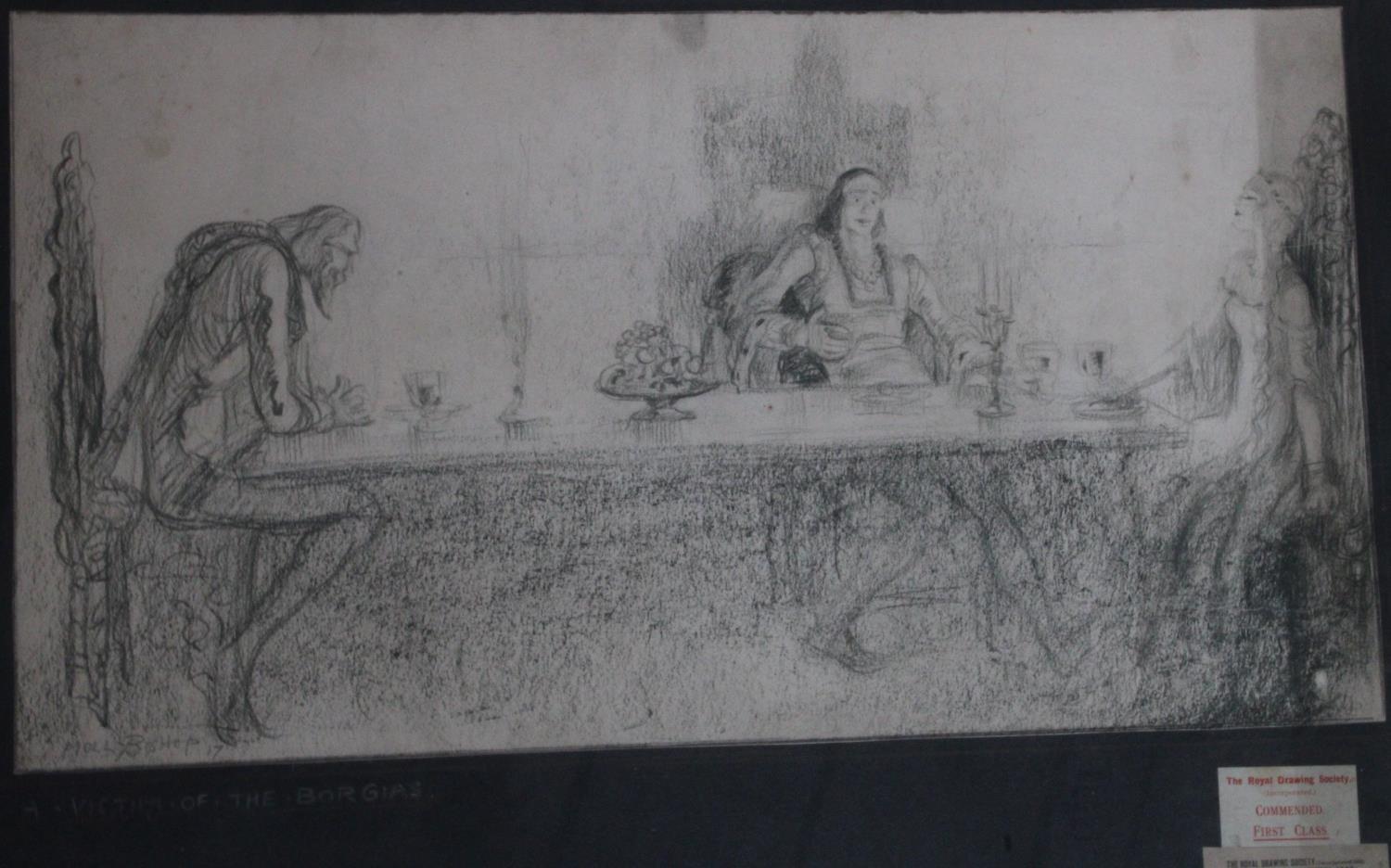 Pictures - Molly Bishop, Royal Drawing Society pencil sketch, A Victim of the Borgias, signed, - Image 2 of 3