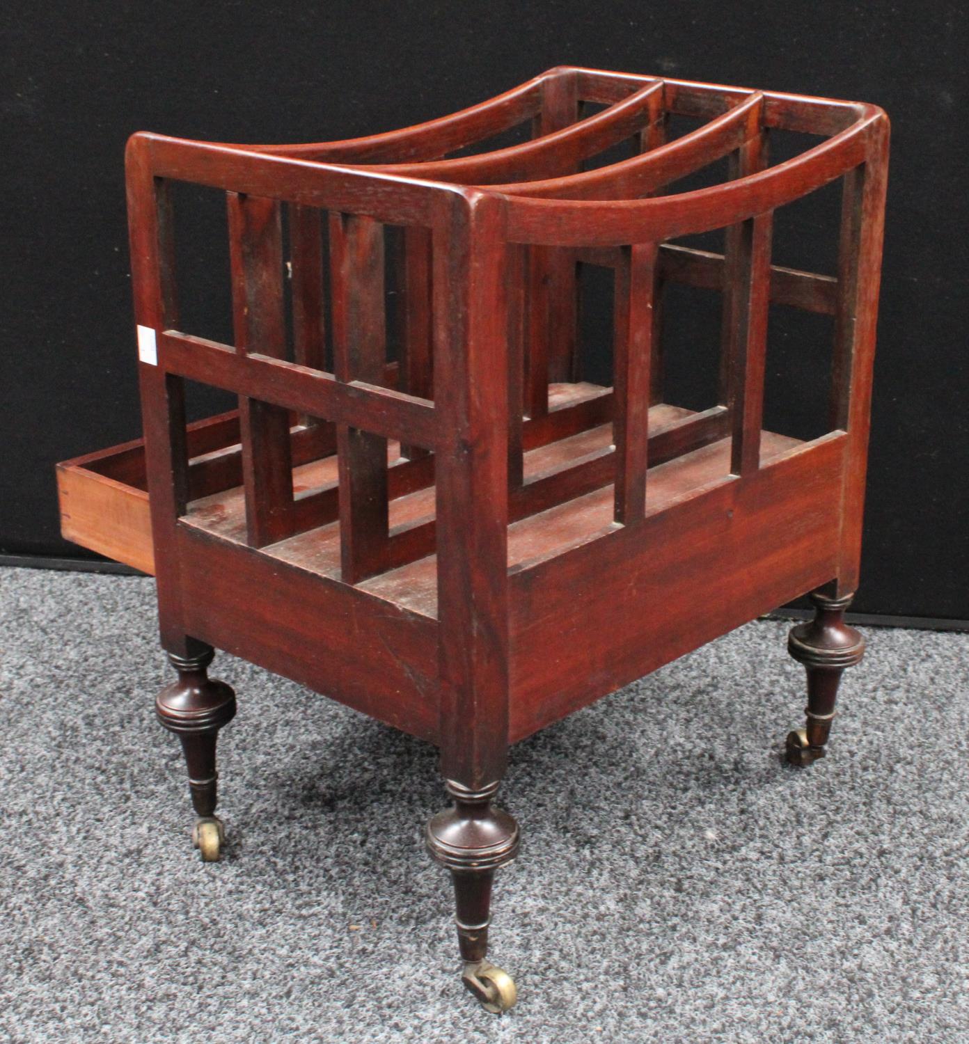 A George III mahogany Canterbury, of small proportions, three divisions, apron drawer, casters, - Image 5 of 6