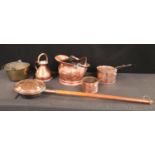 A Victorian copper coal scuttle; others similar, brass jam pan, copper pans; half gallon jug,