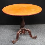 A 19th century mahogany tripod occasional table, circular tilting top, panelled baluster column,