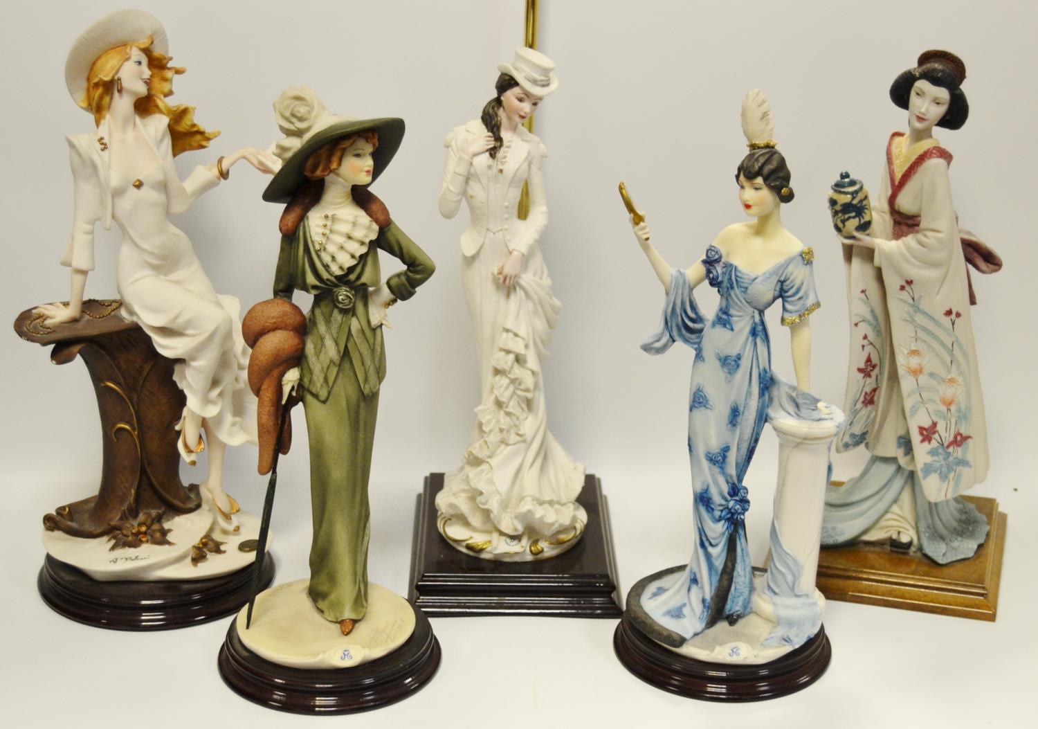 Resin figures of elegant ladies including Vittorio Tessaro; ADL, Italy; figural table lamp etc.