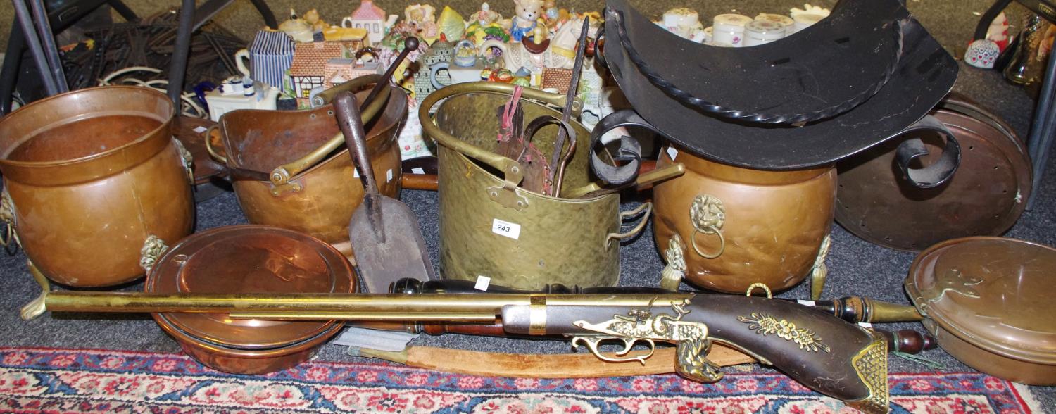 Fireside items - a pair copper and brass coal scuttles, lion mask handles,