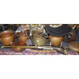 Fireside items - a pair copper and brass coal scuttles, lion mask handles,