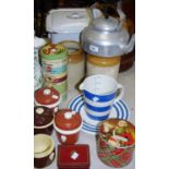 Kitchenalia - a T G Green Cornish ware measuring jug; an enamelled bread bin; a wooden flour sieve;