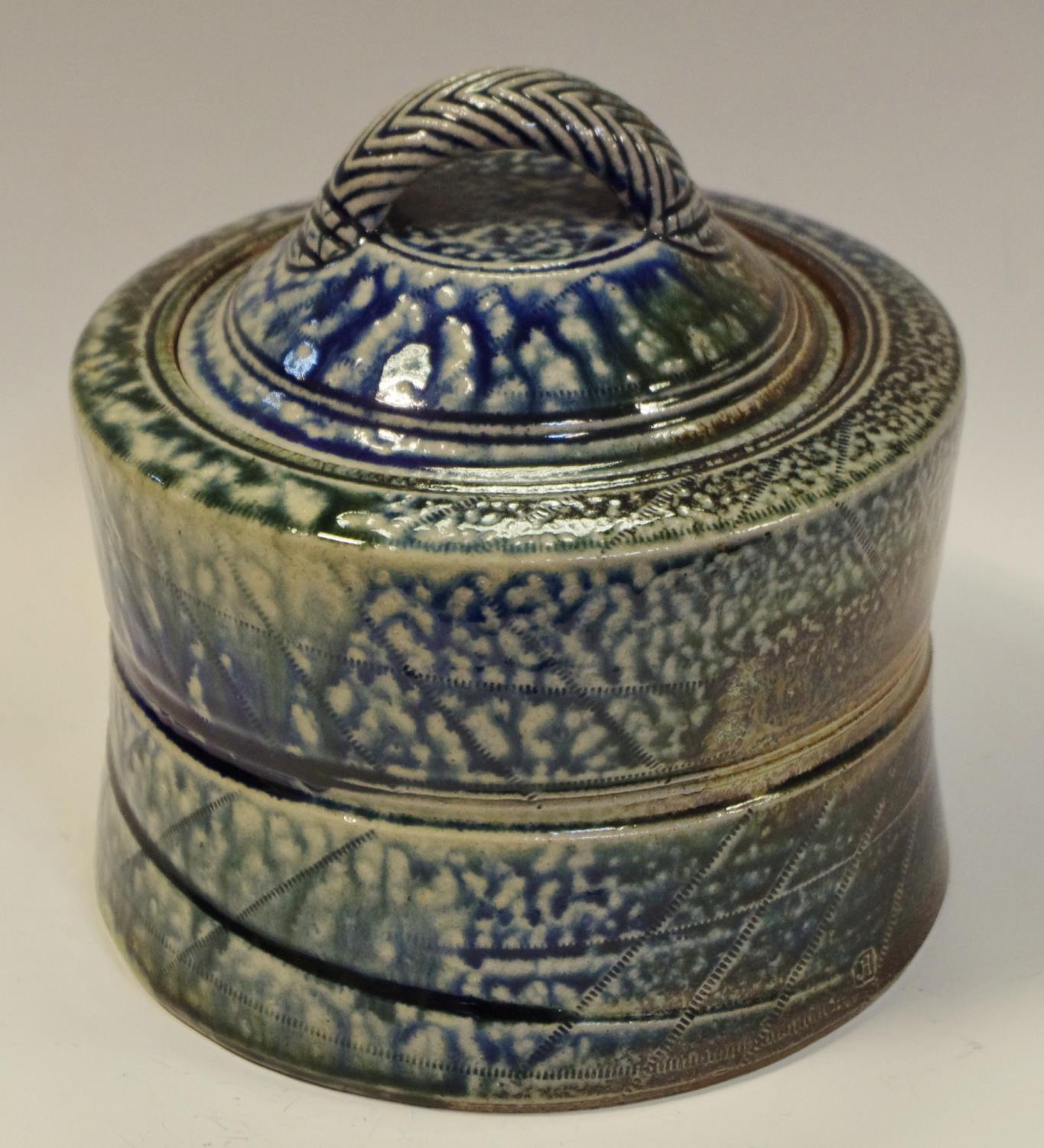 Art pottery - Jane Hamlyn (born 1940) a salt glaze casserole, blue and green glaze,