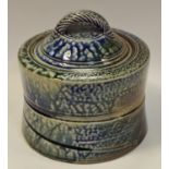Art pottery - Jane Hamlyn (born 1940) a salt glaze casserole, blue and green glaze,