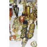 Metalware - an early 20th Century brass fireside companion set;