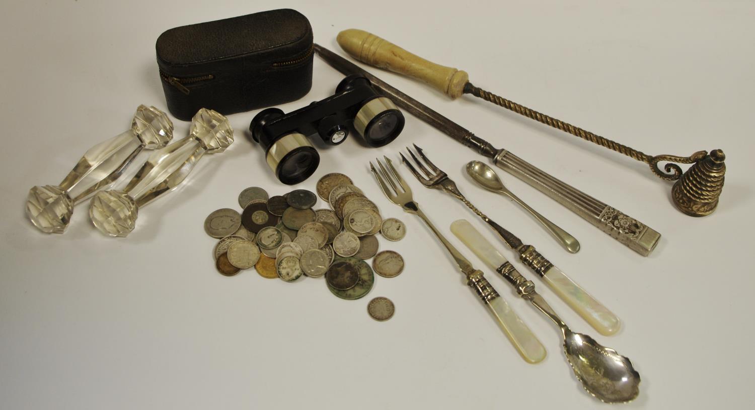 Coins, candle snuffer, opera glasses, pickle forks,