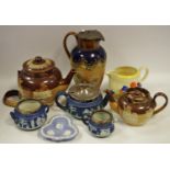 Decorative ceramics - a Doulton salt glazed water jug with metal cover;