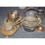 Metalware - 19th century jam pans; copper saucepan; Chinese jewellery box; engraved chargers;