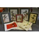A quantity of Chinese silk embroidered red pictures, framed, fanciful birds etc; others,
