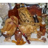 Treen - large olive wood centrepiece; a pierced and carved softwood basket decorated with elephants;