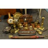 Boxes and objects - a brass jam pan; flatware; graduated set of copper and brass cider ladles;