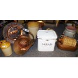 A substantial salt glazed flagon; enamel bread bin; copper ware; strawberry planter,
