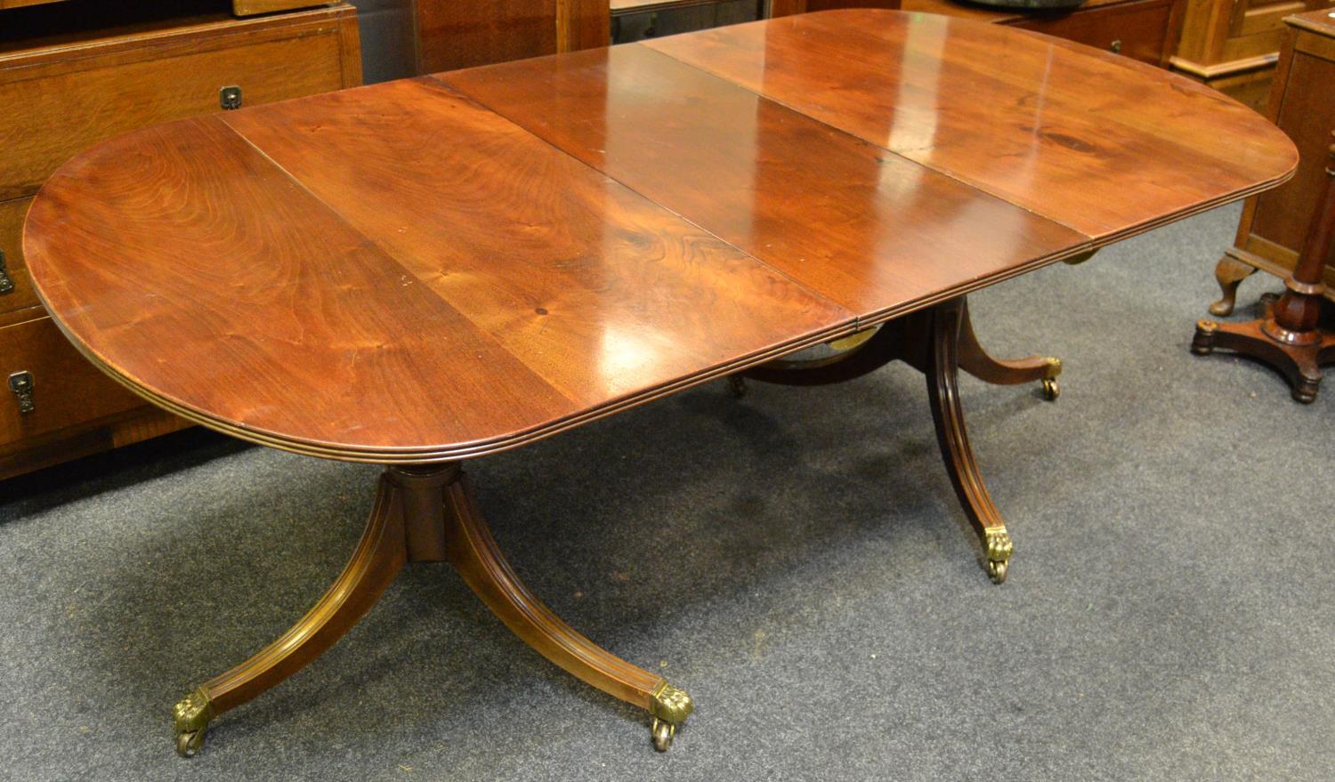 A Regency mahogany twin pedestal D-end dining table, fluted sabre terminating in lion paw feet,