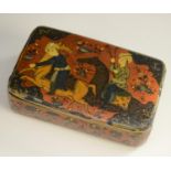A 19th century Indo-Persian lacquer and penwork rounded rectangular snuff box,