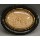 A 19th century wax picture, in relief with a genre scene, oval, 7cm x 9.