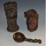 Tribal Art - a Baule bronze spoon, deep bowl, figural haft, 14.