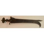 An Indian kora, 38cm shaped blade with split terminal, the iron hilt with crossguard,