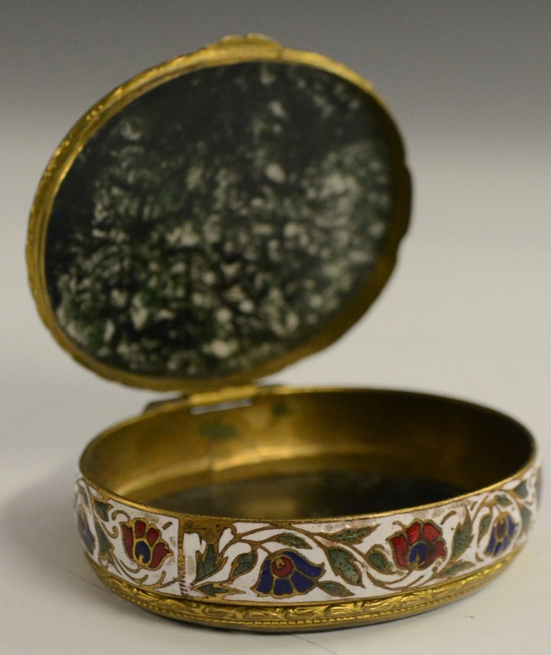 A 19th century agate mounted gilt metal and enamel oval snuff box, hinged cover, - Image 6 of 11