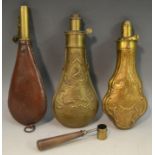 A 19th century Rococo Revival brass tear-drop shot flask,