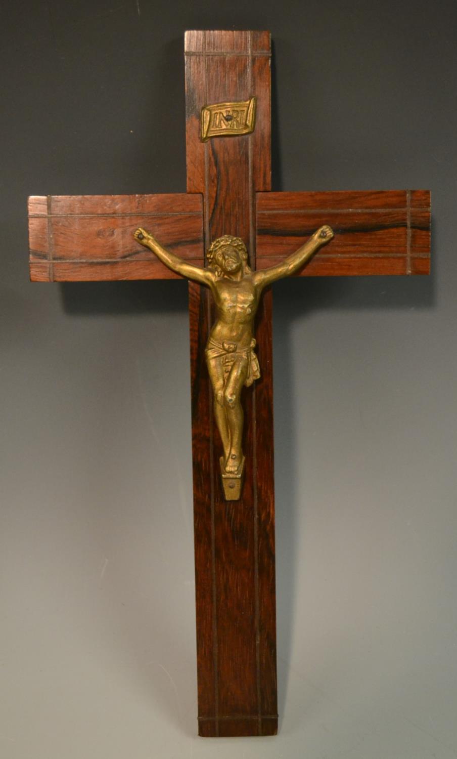 A 19th century gilt metal corpus christi, the rosewood cross outlined with brass stringing, - Image 3 of 6