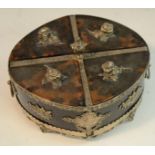 A Victorian silver coloured metal and tortoiseshell oval box, divided into quarters, flower handles,