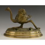 A 19th century French bronze animalier novelty inkwell, cast as an ostrich, hinged cover, oval base,