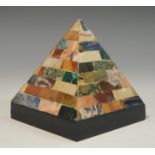 A pietra dura pyramid desk weight, inlaid with malachite, lapis lazuli and other specimen stones,