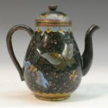 A Chinese cloisonne enamel ovoid teapot, of small proportions, brightly decorated with insects, 12.