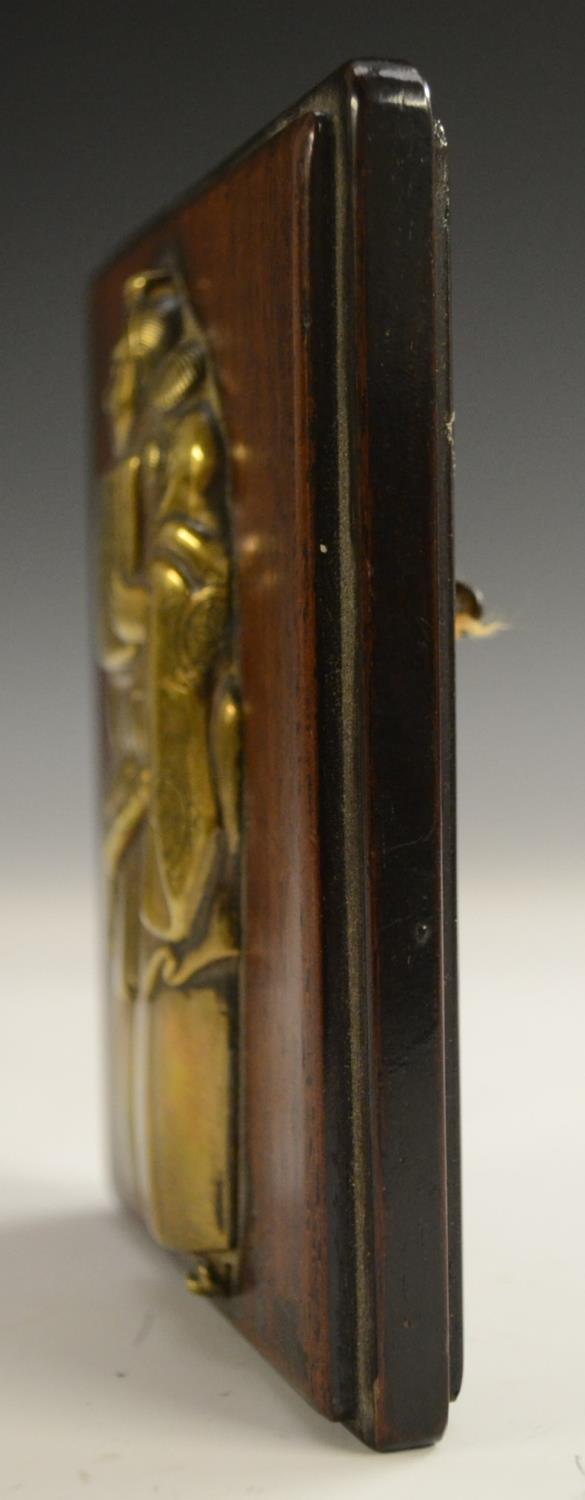 A Japanese bronze-mounted hardwood plaque, the front inset with a figural relief of an official, - Image 6 of 6