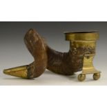 A 19th century Scottish ram's horn table snuff mull, hinged cover, 26cm wide, c.