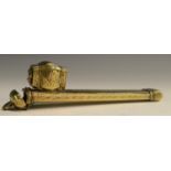 A Middle Eastern brass qalamdan pen case, chased in the Islamic taste with calligraphy, 24cm long,