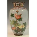 A Japanese cloisonne ovoid vase, decorated in polychrome with flowers on a grey ground, 18.