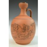 An Etruscan Revival terracotta lekythos, after the Ancient Greek, decorated with a military scene,