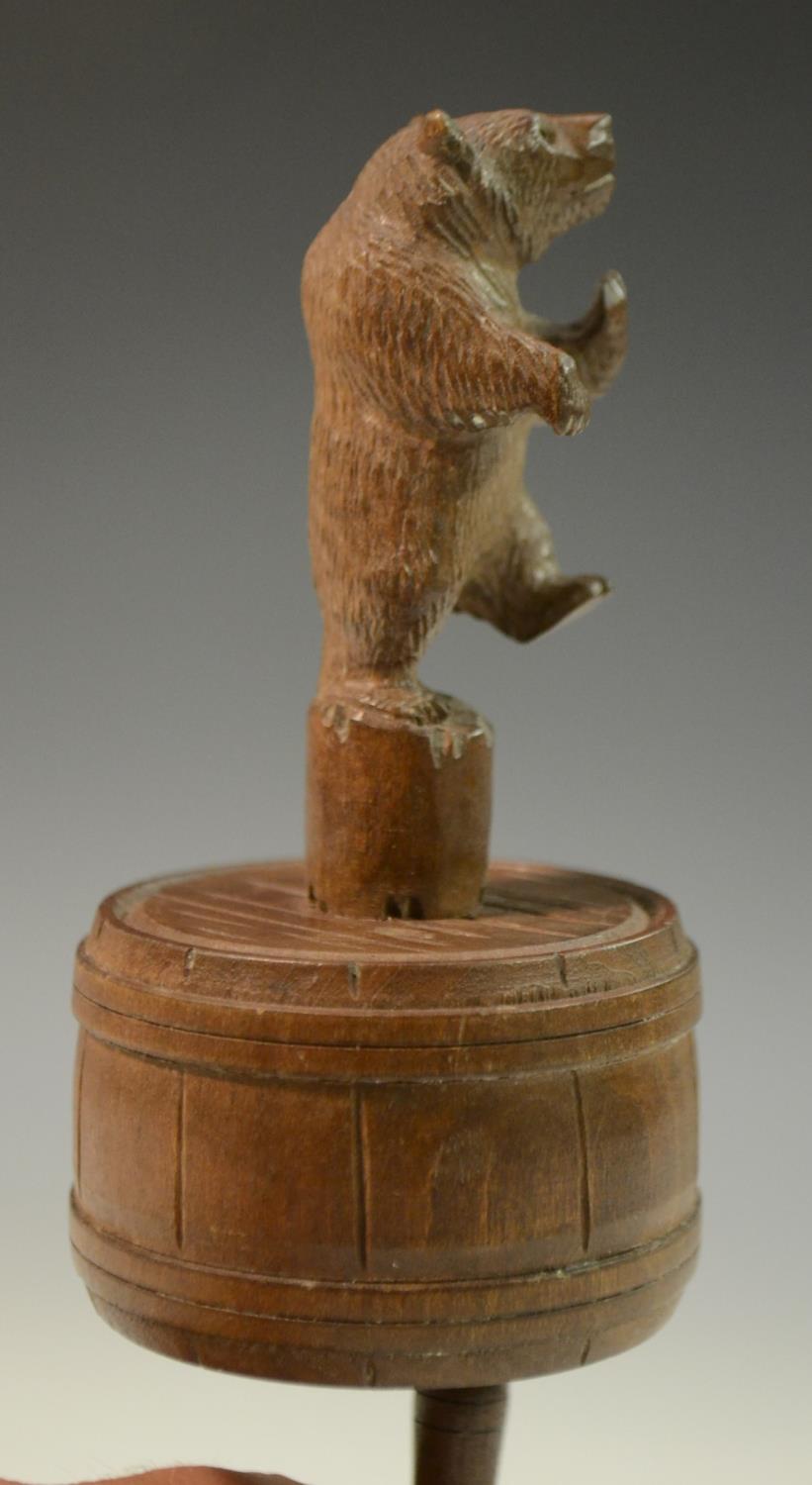 A Black Forest hand-held musical parlour amusement, as a bear dancing upon a barrel, - Image 5 of 8