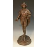 A late 19th century brown patinated library sculpture, of a Renaissance musician,