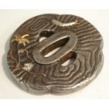 A Japanese tsuba, cast and applied with silvered and gilt insects, 8cm wide, signed,